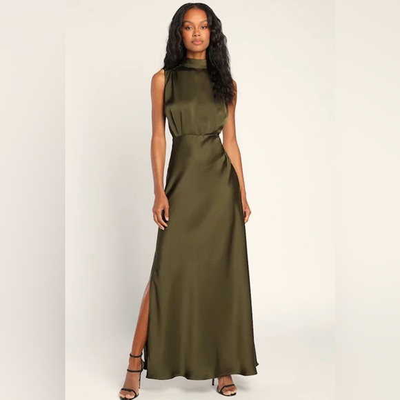 Lulus Dresses & Skirts - Lulu's Satin High-Neck Olive Green Dress/ Bridesmaid/ Formal dress